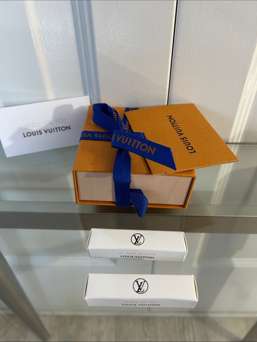 Louis Vuitton Orange Box with Blue Ribbon and Two Perfume Samples
